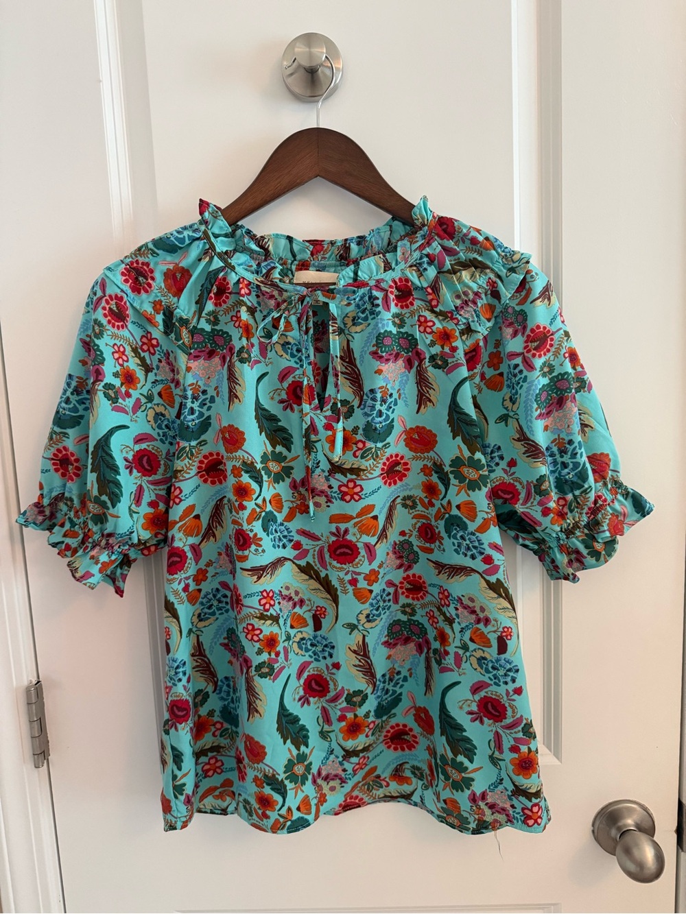 MELLODAY Turquoise Floral Ruffle Tie-Neck Peasant Blouse